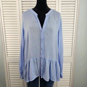 Life Style Soft Blue Boho Blouse M Viscose Gauze Long Sleeve Relaxed Fit Spring